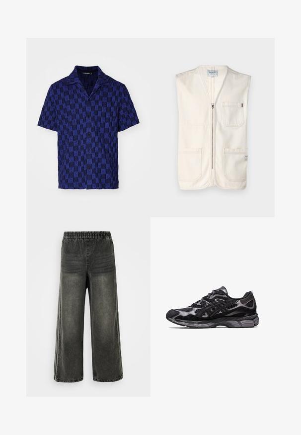 Bežs bezpiedurkņu veste, kas izgatavota no kokvilnas, ar priekšējo rāvējslēdzēju, divām lielām priekšējām kabatām un mazu etiķeti apakšējā labajā stūrī.; J.LINDEBERG TORPA RESORT - Krekls - bridge stack blue; Melni mazgāti džinsu bikses ar elastīgu jostu un platām kājām, kurām ir smalkas vertikālās šuvju detaļas sānos.; Melnas sporta kedas ar sietiņauduma un zamšāda augšdaļu, ar strukturētu dizainu un izturīgu, mīkstinātu pelēku zoli.