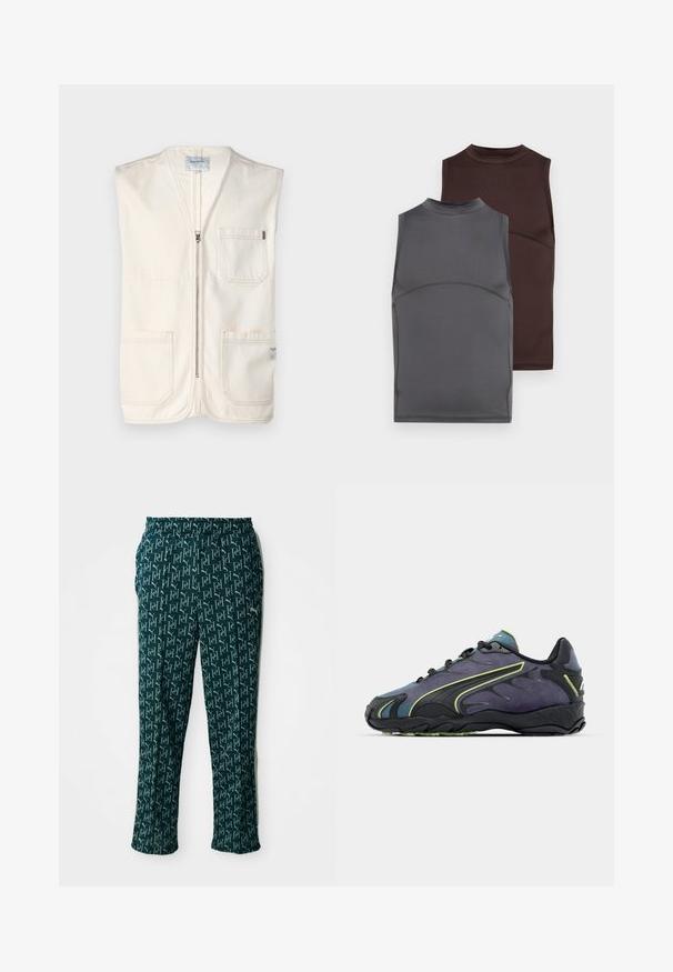Beige ärmellose Weste aus Baumwolle, mit einem Reißverschluss vorne, zwei großen Fronttaschen und einem kleinen Etikett auf der unteren rechten Seite.; Zwei ärmellose Tops in Dunkelgrau und Braun, aus einem glatten Stoff gefertigt. Jedes hat einen hohen Kragen und eine taillierte Passform mit kontrastierenden Nähten.; Grüne gemusterte Hose mit einem wiederholten Logo-Design, einem elastischen Bund und geradem Schnitt, präsentiert vor einem neutralen Hintergrund.; Schwarze und lila Sportschuhe mit einer strukturierten Oberseite, grünen Akzentlinien und einer Gummisohle mit einem wellenförmigen Design. Mit Schnürverschluss.
