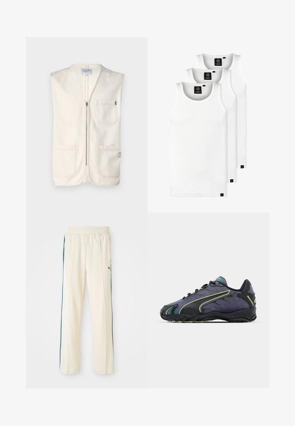 Bežs bezpiedurkņu veste, kas izgatavota no kokvilnas, ar priekšējo rāvējslēdzēju, divām lielām priekšējām kabatām un mazu etiķeti apakšējā labajā stūrī.; Trīs baltas ribotas krūšturi, kas izgatavoti no kokvilnas. Iezīmēti ar apaļu kakla izgriezumu un maziem melniem etiķetēm tuvu apakšmalai. Pieejami vairākos izmēros.; Krēmkrāsu sporta bikses ar teksturētu virsmu, ar tumši zaļām sānu svītrām un elastīgu jostu. Ikonisks logo uz gurniem.; Melnas un purpura sporta kurpes ar teksturētu virsmu, zaļām akcentu līnijām un gumijas zoli ar viļņotu rakstu. Šņores aizdare.