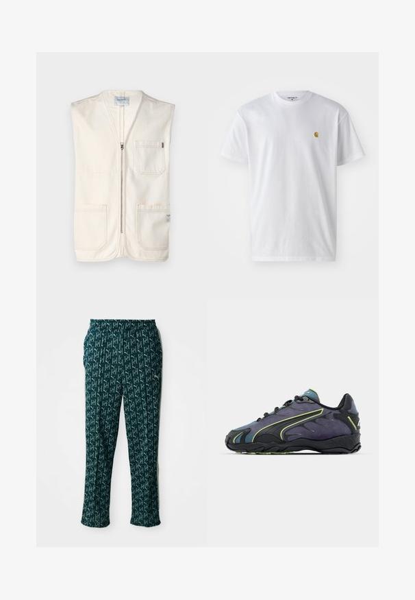 Bež brezrokavnik iz bombaža, z sprednjim zadrgo, dvema velikima sprednjima žepoma in majhno nalepko na spodnjem desnem delu.; Bela bombažna majica s kratkimi rokavi, krožnim ovratnikom, z majhnim zlatim logotipom na levem prsnem predelu. Mehka tekstura in običajen kroj.; Zelene hlače s vzorcem, ki vključujejo ponovljen dizajn logotipa, z elastičnim pasom in ravnim krojem, prikazane na nevtralni podlagi.; črne in vijolične športne čevlje z teksturirano zgornjico, zelenimi poudarnimi črtami in gumijastim podplatom z valovitim vzorcem. Zavezovanje.