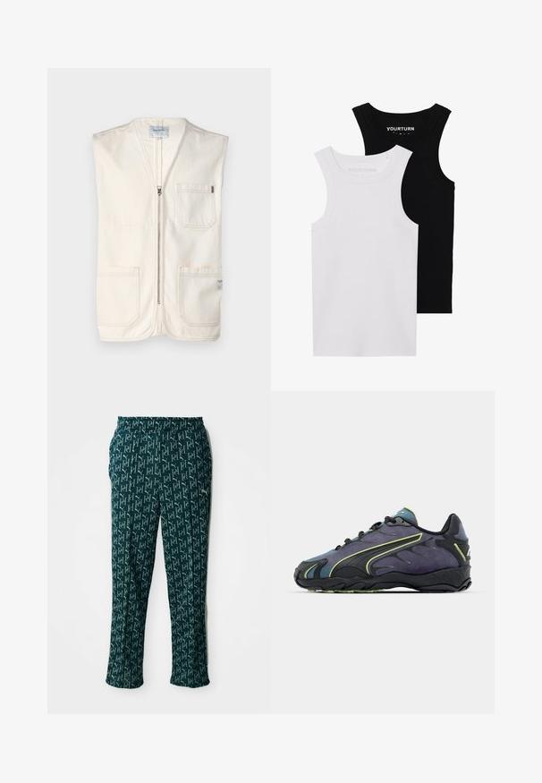 Beige bezrukávový sveter vyrobený z bavlny, so zipsom na prednej strane, dvoma veľkými prednými vreckami a malou nálepkou na dolnej pravej strane.; Dve priliehavé tielka v čiernej a bielej farbe. Vyrobené z rebrovanej bavlny, majú široké ramienka a okrúhle výstrihy. Značka na golieri.; Zelené nohavice s potlačou, ktoré majú opakovaný dizajn loga, elastický pás a rovný strih, vystavené na neutrálne pozadí.; Čierne a fialové športové topánky s textúrovaným zvrškom, zelenými akcentmi a gumovou podrážkou so vlnkovým vzorom. Šnurovací uzáver.