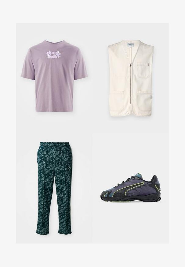 Beige-sateen ilmanhihaisia liivi, joka on valmistettu puuvillasta ja jossa on edessä vetoketju, kaksi suurta etutaskua ja pieni etiketti oikeassa alakulmassa.; Lila lyhythihainen T-paita, jossa on "Ripndip Plna" -teksti, kaksi valkoista kissaa ja pieniä valkoisia kukkia painettuna vaalean violetiksi ja valkoiseksi rinnassa.; Vihreät kuvioidut housut, joissa on toistuva logomuotoilu, elastinen vyötärö ja suora leikkaus, esiteltynä neutraalilla taustalla.; Mustat ja violetit urheilukengät, joissa on teksturoitu päällinen, vihreät korostusviivat ja kumipohja, jossa on aaltoileva muotoilu. Naruilla suljettava.