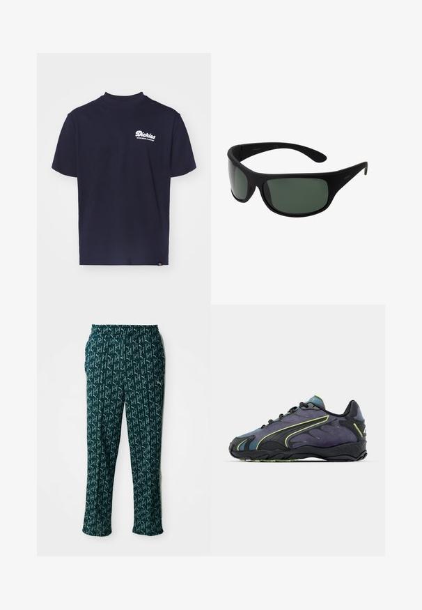 Beige ermeløs vest laget av bomull, med glidelås foran, to store lommer foran og en liten etikett på nedre høyre side.; Marineblå bomullscrew-neck t-skjorte med en hvit "Dickies Workwear Company" logo på venstre bryst, med korte ermer og en avslappet passform.; Grønne mønstrede bukser med et gentaget logodesign, elastisk talje og lige snit, vist mot en nøytral bakgrunn.; Svarte og lilla treningssko med teksturert overdel, grønne detaljer og gummisåle med bølget design. Snøring.; Sorte innpakningssolbriller med mørk grønne linser. Matt finish, buet design, med rette armer og diskret merkevare på siden.