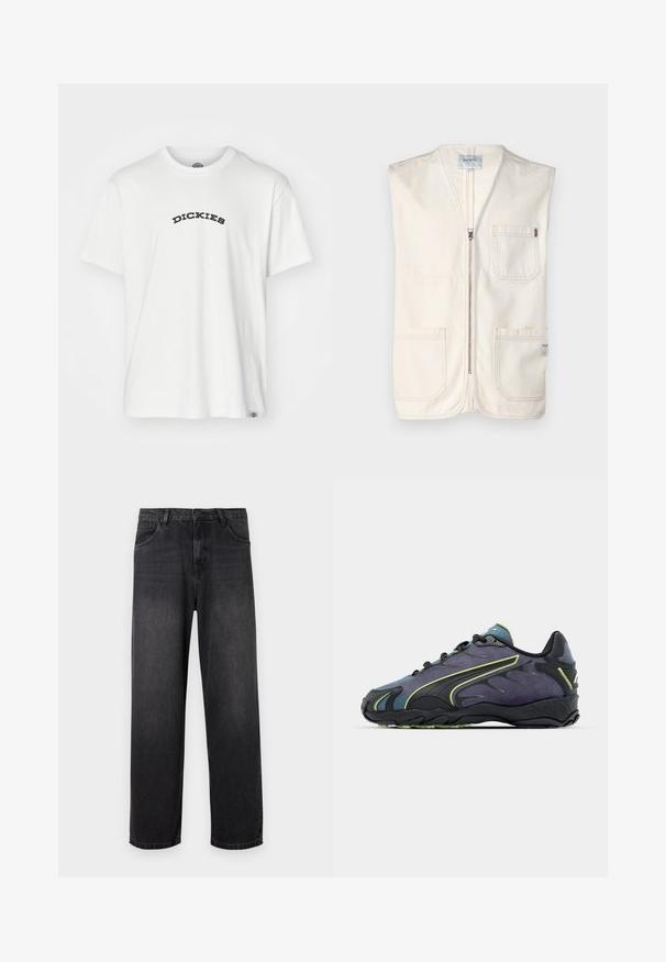 Bež brezrokavnik iz bombaža, z sprednjim zadrgo, dvema velikima sprednjima žepoma in majhno nalepko na spodnjem desnem delu.; Bela kratka majica z dolgimi rokavi, izdelana iz bombaža, z črnim ukrivljenim logotipom "DICKIES" čez prsni del, okroglo izrezano ovratnikom in ohlapnim krojem.; Temno sivi denim jeans s pravim krojem, ki vključujejo zadrgo, pet žepov in subtilne podrobnosti bledenja na tkanini.; črne in vijolične športne čevlje z teksturirano zgornjico, zelenimi poudarnimi črtami in gumijastim podplatom z valovitim vzorcem. Zavezovanje.