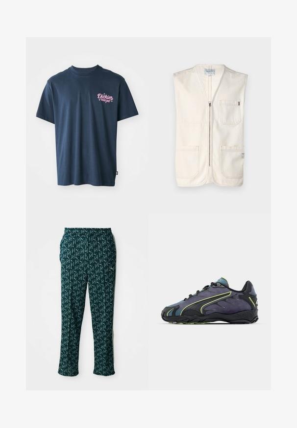 Bež brezrokavnik iz bombaža, z sprednjim zadrgo, dvema velikima sprednjima žepoma in majhno nalepko na spodnjem desnem delu.; Temno modra bombažna majica s kratkimi rokavi, ki na prsih nosi roza tiskano logo z besedilom "Dickies Quality Made Workwear." Standardni kroj.; Zelene hlače s vzorcem, ki vključujejo ponovljen dizajn logotipa, z elastičnim pasom in ravnim krojem, prikazane na nevtralni podlagi.; črne in vijolične športne čevlje z teksturirano zgornjico, zelenimi poudarnimi črtami in gumijastim podplatom z valovitim vzorcem. Zavezovanje.