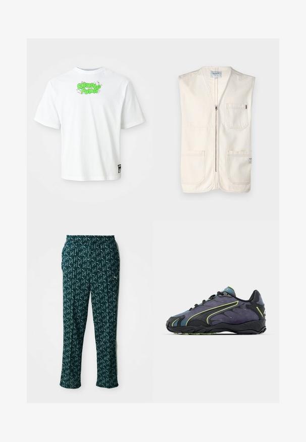 Beige-sateen ilmanhihaisia liivi, joka on valmistettu puuvillasta ja jossa on edessä vetoketju, kaksi suurta etutaskua ja pieni etiketti oikeassa alakulmassa.; Valkoinen lyhythihainen paita, jossa on vihreä "Ripndip Pima" -teksti ja pieniä sarjakuvakissan kuvastoja kaula-aukon lähellä, sekä Puma-tagi helman lähellä.; Vihreät kuvioidut housut, joissa on toistuva logomuotoilu, elastinen vyötärö ja suora leikkaus, esiteltynä neutraalilla taustalla.; Mustat ja violetit urheilukengät, joissa on teksturoitu päällinen, vihreät korostusviivat ja kumipohja, jossa on aaltoileva muotoilu. Naruilla suljettava.