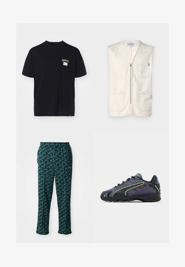 Beige ermeløs vest laget av bomull, med glidelås foran, to store lommer foran og en liten etikett på nedre høyre side.; Marineblå t-skjorte i bomull med korte ermer, med en brystgrafikketikett og broderi som står "DICKIES 100% GENUINE."; Grønne mønstrede bukser med et gentaget logodesign, elastisk talje og lige snit, vist mot en nøytral bakgrunn.; Svarte og lilla treningssko med teksturert overdel, grønne detaljer og gummisåle med bølget design. Snøring.