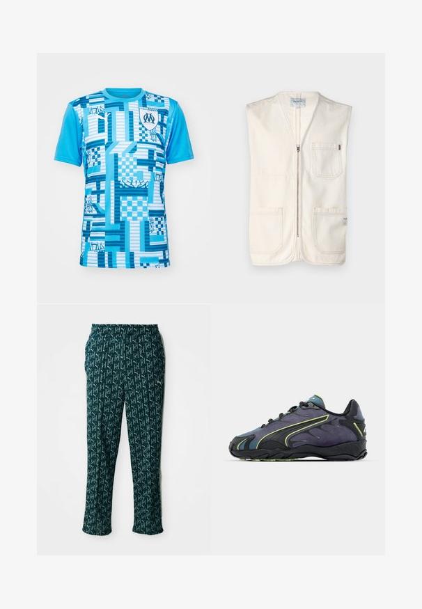 Beegem omamata vest, mis on valmistatud puuvillast, ees lukuga, kahe suure ees taskuga ning väikese sildiga alumises paremas servas.; Lühikeste varrukatega sinine spordisärk, millel on geomeetriline muster erinevates sinistes toonides, ees on logo ja kontrastreeruvad tekstuurid.; Rohelise mustriga püksid, millel on korduv logo kujundus, elastse vöökoha ja sirge lõikega, esitlemisel neutraalses taustas.; Mustad mustavad ja lillad sportjalatsid, millel on tekstuuriga pealmine osa, rohelised aktsentjooned ja kummist tallad, mis on kaunistatud lainelise disainiga. Paelad.