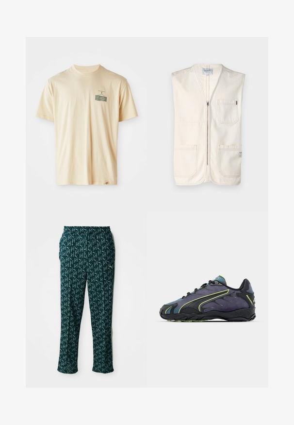 Beige-sateen ilmanhihaisia liivi, joka on valmistettu puuvillasta ja jossa on edessä vetoketju, kaksi suurta etutaskua ja pieni etiketti oikeassa alakulmassa.; Kermanvärinen puuvillapaita, jossa on pyöreä pääntie, lyhyet hihat ja graafinen printti vasemmassa rinnassa, joka esittää vintage-televisiota.; Vihreät kuvioidut housut, joissa on toistuva logomuotoilu, elastinen vyötärö ja suora leikkaus, esiteltynä neutraalilla taustalla.; Mustat ja violetit urheilukengät, joissa on teksturoitu päällinen, vihreät korostusviivat ja kumipohja, jossa on aaltoileva muotoilu. Naruilla suljettava.