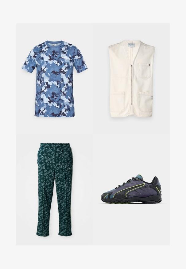 Beegem omamata vest, mis on valmistatud puuvillast, ees lukuga, kahe suure ees taskuga ning väikese sildiga alumises paremas servas.; Sinine kamuflaaž T-särk, mis on valmistatud kergest kangast, lühikeste varrukatega ja ümmarguse kaelusega. Esipoolt ehtib valge logo.; Rohelise mustriga püksid, millel on korduv logo kujundus, elastse vöökoha ja sirge lõikega, esitlemisel neutraalses taustas.; Mustad mustavad ja lillad sportjalatsid, millel on tekstuuriga pealmine osa, rohelised aktsentjooned ja kummist tallad, mis on kaunistatud lainelise disainiga. Paelad.