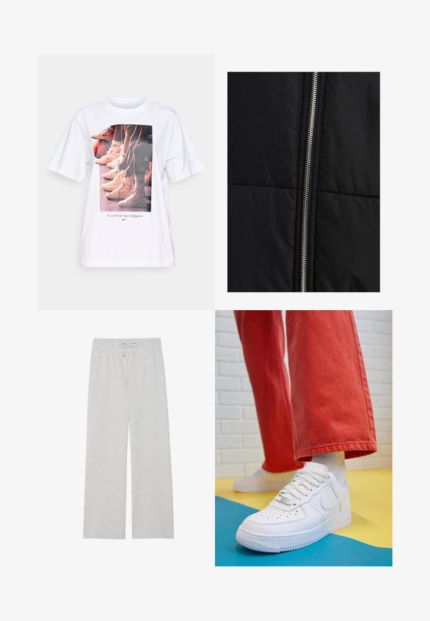 Černá péřová bunda s prošívanou texturou, s výrazným stříbrným zipem na jedné straně. Hladká látka s minimálními designovými prvky.; Šedý pletený svetr s širokým výstřihem, dlouhými rukávy a žebrovanými manžetami. Tkanina se zdá být měkká s jemnou texturou a volným střihem.; Bílý tričko s grafickým potiskem basketbalových bot a textem "Je to zcela nová hra" v modré barvě, kulatý výstřih, krátké rukávy.; Světle šedé tepláky z měkké bavlněné směsi, které mají široké nohavice, elastický pas s nastavitelnou šňůrkou a žádné kapsy.; Bílé kožené tenisky s perforovanou špičkou, texturovanou podešví a bílými tkaničkami, v kombinaci s širokými červenými kalhotami a modro-žlutým pozadím.