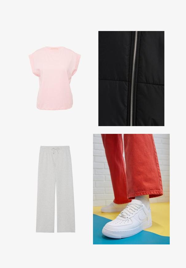 Črna puffer jakna s prešitimi teksturami, z izrazitim srebrnim zadrgo ob eni strani. Gladek material z minimalnimi oblikovnimi elementi.; Sivkasta pleteno pulover s širokim izrezom, dolgimi rokavi in ribanim robom. Tkanina se zdi mehka s rahlo teksturo in sproščenim krojem.; Svetlo roza bombažna majica s kratkimi rokavi, okroglim izrezom in sproščenim krojem. Gladka tekstura, minimalističen dizajn, brez vidnih vzorcev ali dodatkov.; Svetlo sivi trenirci iz mešanice mehkega bombaža, z širokim krojem, elastičnim pasom z nastavljivo vrvico in brez žepov.; Beli usnjeni športni čevlji s perforiranim prstnim delom, teksturiranim podplatom in belimi vezalkami, v kombinaciji s širokimi rdečimi hlačami in modro-rumeno ozadje.