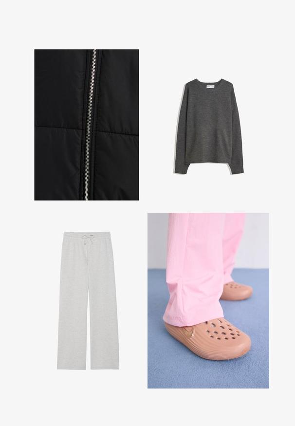 Čierna prešívaná bunda s textúrou, s výrazným strieborným zipsom na jednej strane. Hladká tkanina s minimálnymi prvkami dizajnu.; Sivý pletený sveter s širokým výstrihom, dlhými rukávmi a rebrovanými manžetami. Tkanina vyzerá mäkko s jemnou textúrou a voľným strihom.; Svetlo šedé tepláky z mäkkého zmesi bavlny, s voľným strihom, elastickým pásom s nastaviteľnou šnúrkou a bez vreciek.; Nike sandále v béžovom plaste s perforáciami, textura na stranách a zlatý swoosh. Nosené s ružovými nohavicami na modrej podlahe.
