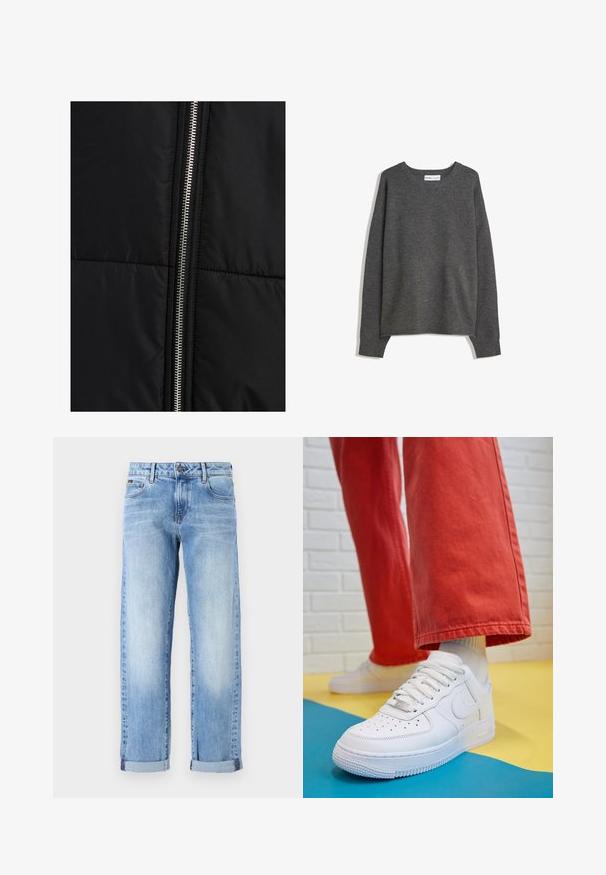 Musta puffatakki, jossa on tilkkutekstuuri, varustettu merkittävällä hopeisella vetoketjulla yhdellä sivulla. Sileä kangas, jossa on minimaalista muotoilua.; Harmaa neulepusero, jossa on leveä pääntie, pitkät hihat ja ribbineuleiset hihansuut. Kangas näyttää pehmeältä, siinä on lievää tekstuuria ja rento istuvuus.; Vaaleansiniset farkut, joissa on käännetyt lahkeet, etupainike ja vetoketju, sekä klassinen viiden taskun muotoilu valkoisella taustalla.; Valkoinen nahkakengät, joissa on rei'itetty varvasosa, teksturoitu pohja ja valkoiset nauhat, yhdistettynä leveisiin punaisiin housuihin ja sinikeltaiseen taustaan.