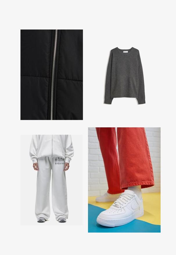Veste matelassée noire avec une texture en coutures, dotée d'une fermeture éclair en argent bien visible sur un côté. Tissu lisse avec des éléments de design minimaux.; Pull en maille gris avec un col large, des manches longues et des poignets côtelés. Le tissu semble doux avec une légère texture et une coupe décontractée.; Hoodie blanc avec une fermeture éclair sur le devant et des poches kangourou, associé à un pantalon de survêtement blanc avec un détail de texte imprimé sur la cuisse gauche.; Baskets blanches en cuir avec une boîte à orteils perforée, semelle texturée et lacets blancs, associées à un large pantalon rouge et un fond bleu et jaune.