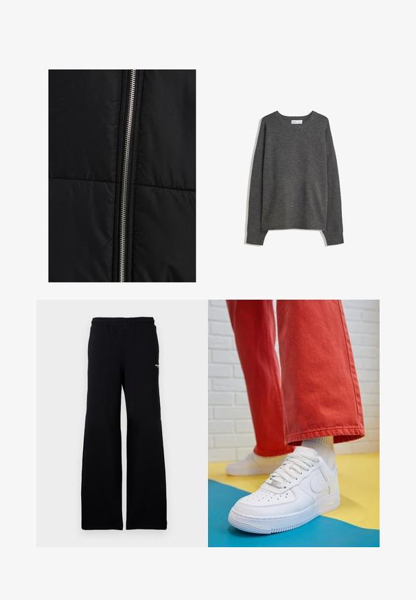 Črna puffer jakna s prešitimi teksturami, z izrazitim srebrnim zadrgo ob eni strani. Gladek material z minimalnimi oblikovnimi elementi.; Sivkasta pleteno pulover s širokim izrezom, dolgimi rokavi in ribanim robom. Tkanina se zdi mehka s rahlo teksturo in sproščenim krojem.; Črne trenirke z elastičnim pasom, ohlapne prav tako in z majhnim belim logotipom na levi nogi. Narejene iz mehke tkanine.; Beli usnjeni športni čevlji s perforiranim prstnim delom, teksturiranim podplatom in belimi vezalkami, v kombinaciji s širokimi rdečimi hlačami in modro-rumeno ozadje.