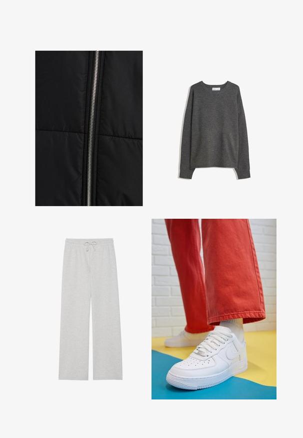 Sort pufferjakke med quiltet tekstur, der har en fremtrædende sølvlynlås langs den ene side. Glat stof med minimale designelementer.; Grå striktrøje med bred halsudskæring, lange ærmer og ribbede manchetter. Stoffet ser blødt ud med en let tekstur og en afslappet pasform.; Lys grå træningsbukser i blød bomuldsblanding, med en vidde ben-design, elastisk talje med justerbar snor og uden lommer.; Hvide lædersneakers med perforeret tå-kasse, tekstureret sål og hvide snørebånd, parret med brede røde bukser og en blå-gul baggrund.