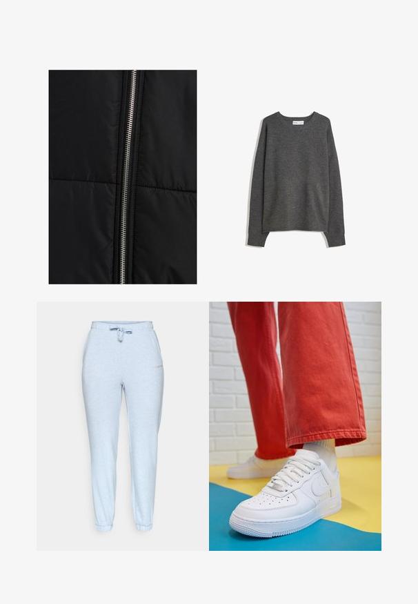 Črna puffer jakna s prešitimi teksturami, z izrazitim srebrnim zadrgo ob eni strani. Gladek material z minimalnimi oblikovnimi elementi.; Sivkasta pleteno pulover s širokim izrezom, dolgimi rokavi in ribanim robom. Tkanina se zdi mehka s rahlo teksturo in sproščenim krojem.; Svetlo modri trenerki z elastičnim pasom in vrvico. Imajo stranske žepe in zožene obrobe pri gležnjih. Mehka tekstura tkanine.; Beli usnjeni športni čevlji s perforiranim prstnim delom, teksturiranim podplatom in belimi vezalkami, v kombinaciji s širokimi rdečimi hlačami in modro-rumeno ozadje.