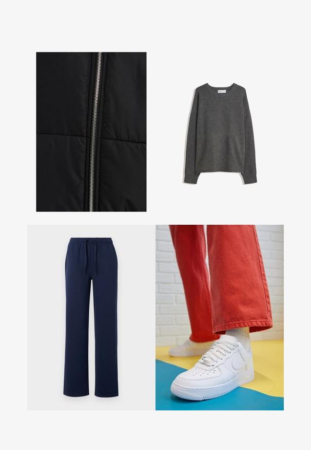 Crna puf jakna s ušivenim uzorkom, koja sadrži istaknuti srebrni zatvarač sa strane. Glatka tkanina s minimalnim dizajnerskim elementima.; Sivi pleteni džemper sa širokim izrezom, dugim rukavima i rebrastim manžetama. Tkanina deluje mekano sa blagom teksturom i opuštenim krojem.; Mornarično plave trenirke izrađene od mekanog pamuka, s elastičnom gumom u struku i vezicom, bočnim džepovima i ravnim krojem.; Bijele kožne tenisice s perforiranim prednjim dijelom, teksturiranim đonom i bijelim vezicama, u kombinaciji s širokim crvenim hlačama i plavo-žutom pozadinom.