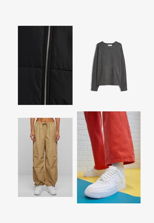 Zwarte pufferjack met een gewatteerde tekstuur, voorzien van een opvallende zilveren ritssluiting aan één zijde. Glad materiaal met minimale ontwerpelementen.; Grijze gebreide trui met een brede halslijn, lange mouwen en geribde boorden. De stof lijkt zacht met een lichte textuur en een ontspannen pasvorm.; Beige cargobroek met een elastische tailleband, trekkoord en zijzakken. Voorzien van gathered boorden en een lichte, gladde stof.; Witte leren sneaker met geperforeerde teenbox, gestructureerde zool en witte veters, gecombineerd met wijde rode broeken en een blauw-geel achtergrond.