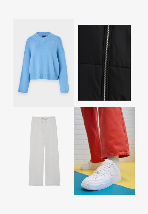 Crna puf jakna s ušivenim uzorkom, koja sadrži istaknuti srebrni zatvarač sa strane. Glatka tkanina s minimalnim dizajnerskim elementima.; Svijetloplavi pleteni pulover sa širokim V-izrezom, rebrastim manžetama i donjim rubom. Ima spuštena ramena i ležeran kroj. Mekana tekstura.; Svijetlosive trenirke od mekanog pamučnog materijala s širokim nogavicama, elastičnom strukom s podesivom vezicom i bez džepova.; Bijele kožne tenisice s perforiranim prednjim dijelom, teksturiranim đonom i bijelim vezicama, u kombinaciji s širokim crvenim hlačama i plavo-žutom pozadinom.