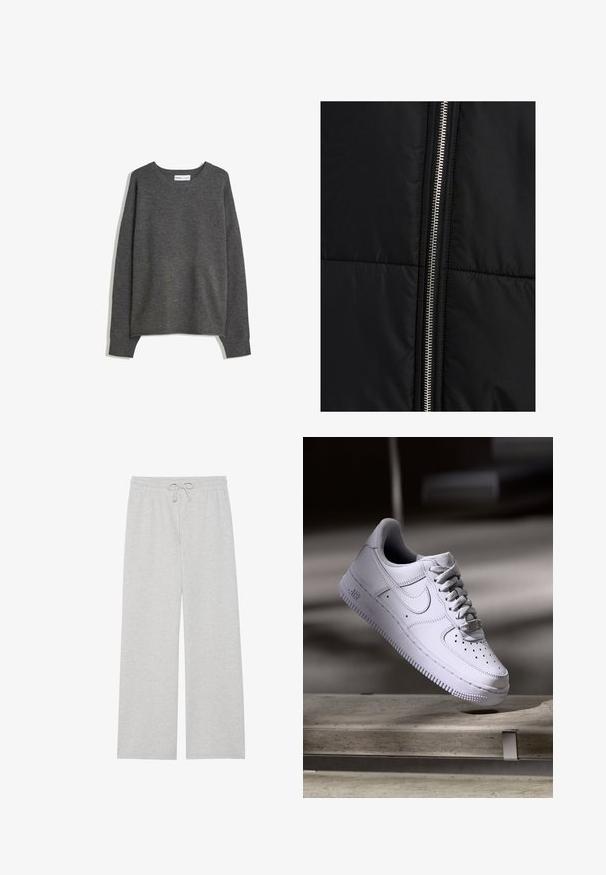 Črna puffer jakna s prešitimi teksturami, z izrazitim srebrnim zadrgo ob eni strani. Gladek material z minimalnimi oblikovnimi elementi.; Sivkasta pleteno pulover s širokim izrezom, dolgimi rokavi in ribanim robom. Tkanina se zdi mehka s rahlo teksturo in sproščenim krojem.; Svetlo sivi trenirci iz mešanice mehkega bombaža, z širokim krojem, elastičnim pasom z nastavljivo vrvico in brez žepov.; Bela superga Nike Air Force 1, ki lebdi nad betonsko površino s sencami v minimalističnem okolju.