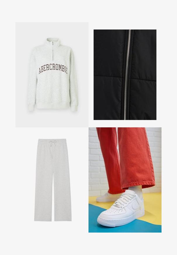 Črna puffer jakna s prešitimi teksturami, z izrazitim srebrnim zadrgo ob eni strani. Gladek material z minimalnimi oblikovnimi elementi.; Svetlo siva pulover z zadrgo do četrtine z napisom "ABERCROMBIE" natisnjenim v temnih črkah po prsih, rebrastimi manšetami in pasom.; Svetlo sivi trenirci iz mešanice mehkega bombaža, z širokim krojem, elastičnim pasom z nastavljivo vrvico in brez žepov.; Beli usnjeni športni čevlji s perforiranim prstnim delom, teksturiranim podplatom in belimi vezalkami, v kombinaciji s širokimi rdečimi hlačami in modro-rumeno ozadje.
