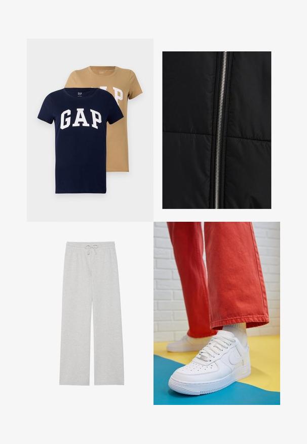 Melna pūkaina jaka ar lielformāta tekstūru, kurai ir izteikta sudraba rāvējslēdzēja aizdare vienā pusē. Gluda auduma virsma ar minimālistisku dizainu.; Divi īsām piedurknēm T-krekli tumši zila un izsmalcināti brūna krāsā, izgatavoti no kokvilnas. Abi ar lielu baltu "GAP" logotipu priekšpusē.; Gai pelēki džinsi mīkstā kokvilnas maisījumā ar platu kāju dizainu, elastīgu jostu ar regulējamu auklu un bez kabatām.; Baltās ādas kedas ar perforētu purngalu, teksturētu zoli un baltām auklām, apvienotas ar platām sarkanām biksēm un zilu un dzeltenu fona.