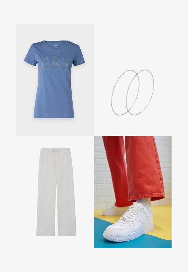 Czarna kurtka puchowa o pikowanej fakturze, wyposażona w wyraźny srebrny zamek błyskawiczny po jednej stronie. Gładki materiał z minimalnymi elementami wzornictwa.; Niebieska bawełniana koszulka z okrągłym dekoltem i krótkimi rękawami, z wyraźnym logo "GAP" w fakturowanym wzorze na przodzie.; Jasnoszare dresy wykonane z miękkiej mieszanki bawełny, charakteryzujące się szerokimi nogawkami, elastycznym paskiem w talii z regulowanym sznurkiem i bez kieszeni.; Białe skórzane sneakersy z perforowanym czubkiem, teksturowaną podeszwą i białymi sznurowadłami, w połączeniu z szerokimi czerwonymi spodniami na niebiesko-żółtym tle.; Srebrne kolczyki w formie obręczy o minimalistycznym designie. Okrągły kształt, gładka faktura i cienki profil. Lekkie, z polerowanym wykończeniem.