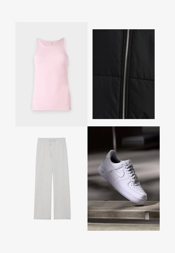 Čierna prešívaná bunda s textúrou, s výrazným strieborným zipsom na jednej strane. Hladká tkanina s minimálnymi prvkami dizajnu.; Ružová rebrovaná tielko s zaobleným výstrihom a bezrukávovým dizajnom. Textúra látky je hladká a priliehavá, s čistým lemom.; Svetlo šedé tepláky z mäkkého zmesi bavlny, s voľným strihom, elastickým pásom s nastaviteľnou šnúrkou a bez vreciek.; Biele tenisky Nike Air Force 1 vznášajúce sa nad betónovým povrchom so tieňmi v minimalistickom prostredí.