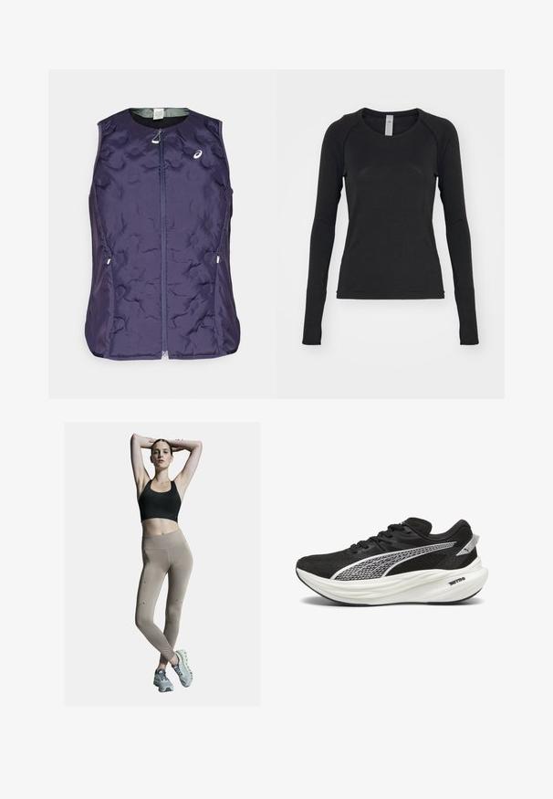 ASICS NAGINO RUN PADDED GILET - Liivi - indigo fog; Pitkähihaista mustaa paitaa, joka on valmistettu pehmeästä kankaasta. Ominaisuuksina pyöreä pääntie ja raglan-hihat, joissa on sormiaukot hihansuissa. Minimalistinen muotoilu.; Musta urheilBra ja vaaleanbeige korkeavyötäröiset legginssit, joissa on sivusaumat ja korostukset. Mallilla on päällä vaaleanharmaat urheilukengät, joissa on pehmustettu pohja.; Mustat urheiluhousut, joissa on verkkokalvo yläosa, heijastavat hopeiset yksityiskohdat, paksu valkoinen vaimennusvälipohja ja musta kumipohja.