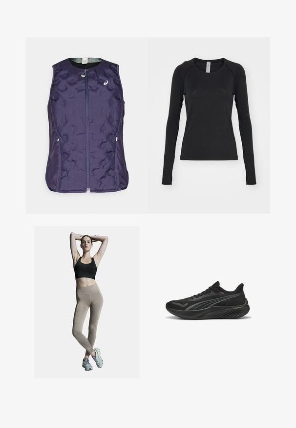 ASICS NAGINO RUN PADDED GILET - Vesta - indigo fog; Černá dlouhá rukávová košile vyrobená z měkké látky. Má kulatý výstřih a raglánové rukávy s otvory na palce na manžetách. Minimalistický design.; Černá sportovní podprsenka a béžové legíny s vysokým pasem, které mají boční švy a akcenty. Modelka má na sobě světle šedé sportovní boty s polstrovanou podrážkou.; Černá sportovní obuv s vrškem z prodyšné síťoviny, texturovanými detaily, plochými tkaničkami a měkkou podešví s vlnitým vzorem pro trakci a pohodlí.