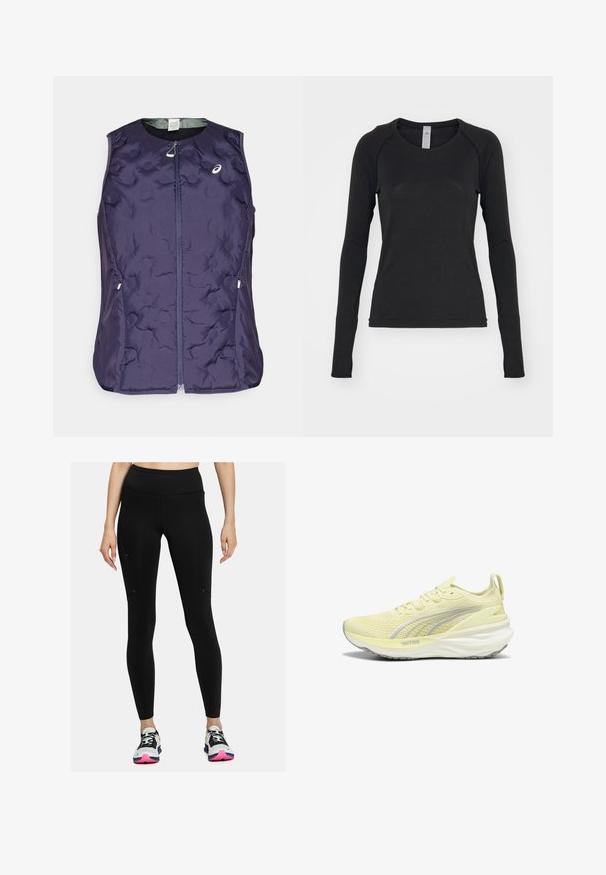 ASICS NAGINO RUN PADDED GILET - Brezrokavnik - indigo fog; Majica s dolgimi rokavi v črni barvi, izdelana iz mehkega blaga. Ima okroglo ovratnik in raglan rokave z odprtinami za prste na zapestjih. Minimalističen dizajn.; Črne legice z visokim pasom, gladko teksturo in minimalističnim dizajnom. Imajo stranske žepe in podrobnosti s šivi.; Svetlo rumena športna obutev z strukturiranim zgornjim delom, sivi detajli in blaženo podplatom. Ima zavezovanje s vezalkami in zanko na peti.