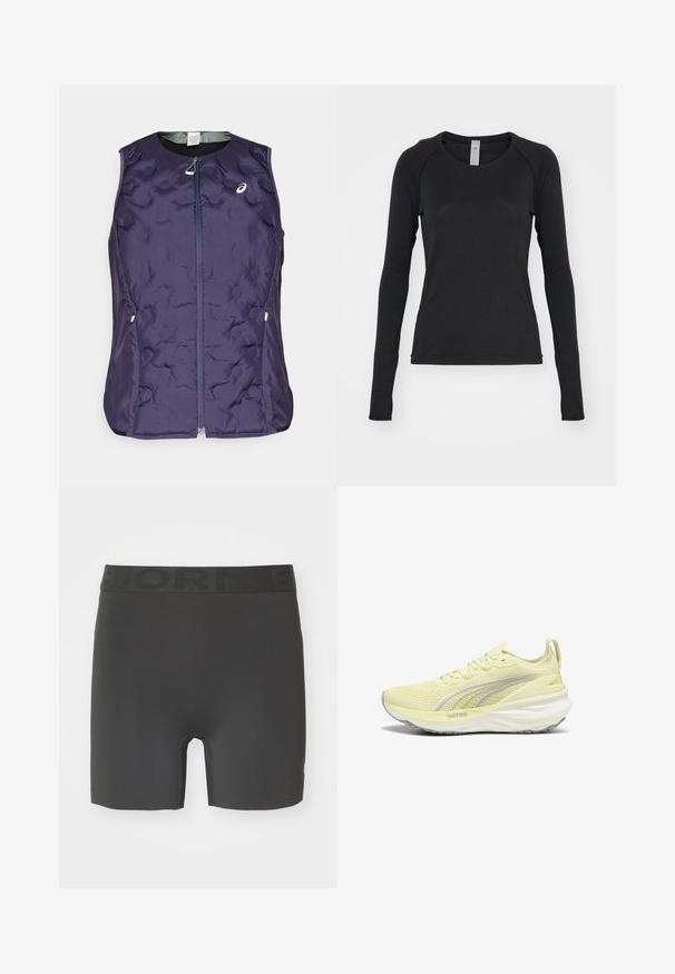 ASICS NAGINO RUN PADDED GILET - Vesta - indigo fog; Černá dlouhá rukávová košile vyrobená z měkké látky. Má kulatý výstřih a raglánové rukávy s otvory na palce na manžetách. Minimalistický design.; Černé sportovní šortky vyrobené z elastického materiálu. Mají elastický pas s vystouplým písmem a délku ke středu stehna.; Světlě žlutá sportovní obuv s texturovaným svrškem, šedými akcenty a polstrovanou podrážkou. Disponuje šněrovacím designem a poutkem na patě.