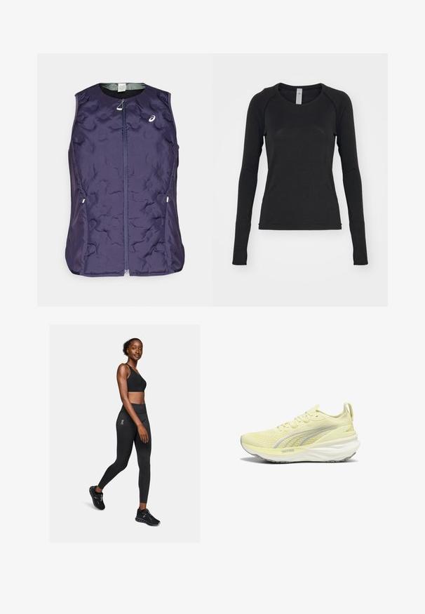 ASICS NAGINO RUN PADDED GILET - Vest - indigo fog; Pikkade varrukatega must särk, mis on valmistatud pehmest kangast. Omab ümmargust kaelust ja raglanvarrukaid, mille manšitšates on pöidlahakid. Минималистlik disain.; Must have mustra, mis on venivast materjalist, kõrgema vöökoht ja logodetailiga, koos mustade spordijalatsitega.; Heled kollane spordijalanõud tekstureeritud pealmise osaga, hallide aktsentidega ja pehme tallaga. Omab nöörimise kujundust ja tõmbeauku kontsas.