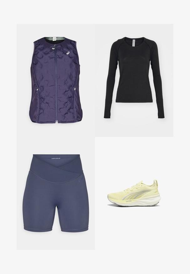 ASICS NAGINO RUN PADDED GILET - Veste - indigo fog; Melna garām piedurknēm krekls, izgatavots no mīksta auduma. Iekļauj apaļu kakla izgriezumu un raglan piedurknes ar caurumiem īkšķiem pie aprocēm. Minimalistisks dizains.; Tums zili augstās bikses, kas izgatavotas no stiepjoša auduma, ar krustenisku jostas dizainu un plakanām šuvēm komfortam.; Gai dzeltenas sporta apavi ar teksturētu virspusi, pelēkām akcents un mīkstu zoli. Satur auklu aizdari un cilpu uz papēža.