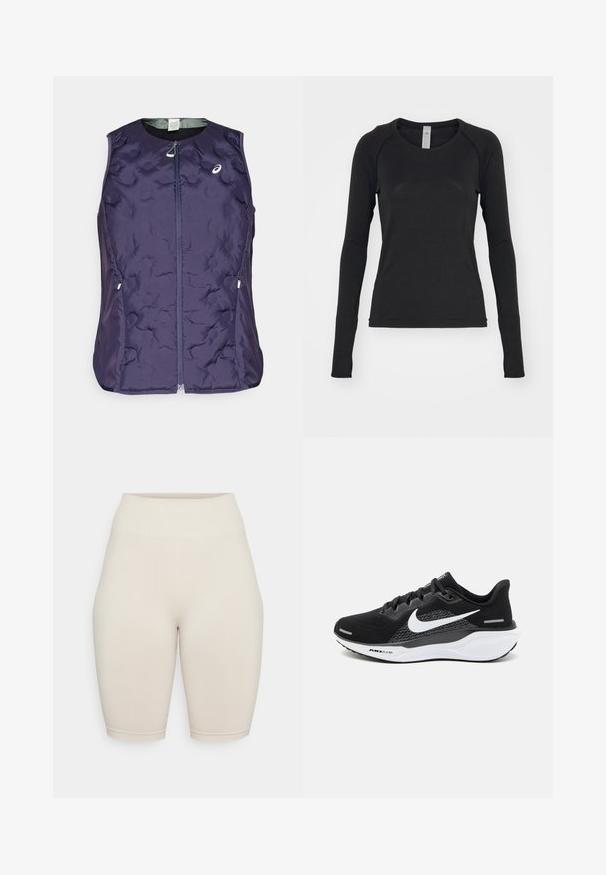 ASICS NAGINO RUN PADDED GILET - Brezrokavnik - indigo fog; Majica s dolgimi rokavi v črni barvi, izdelana iz mehkega blaga. Ima okroglo ovratnik in raglan rokave z odprtinami za prste na zapestjih. Minimalističen dizajn.; Bež kolesarske kratke hlače, ki se prilegajo telesu, z rebrastim pasom, izdelane iz gladkega materiala, z brezšivnim dizajnom in dolžino do kolen.; Črne športne superge z mrežastim zgornjim delom, belim Nike logo-jem in belim blaženim podplatom z teksturiranimi detajli.