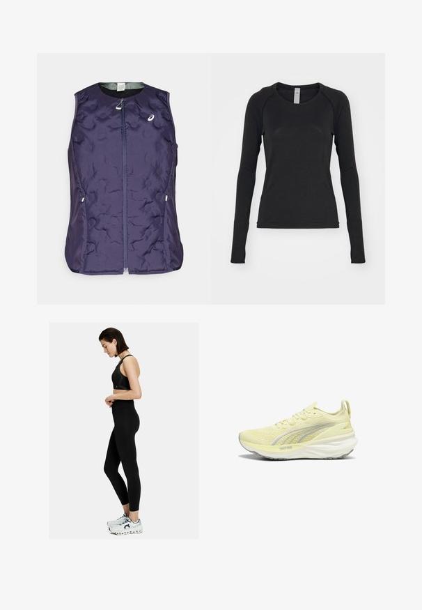 ASICS NAGINO RUN PADDED GILET - Veste sans manches - indigo fog; Chemise à manches longues noire, fabriquée en tissu doux. Présente un col rond et des manches raglan avec des ouvertures pour les pouces au niveau des poignets. Design minimaliste.; Soutien-gorge de sport noir et leggings à taille haute. Présente une texture lisse et un design ajusté. Assortis à des baskets blanches et grises.; Baskets de sport jaune clair avec une tige texturée, des accents gris et une semelle rembourrée. Dispose d'un laçage et d'une languette au talon.