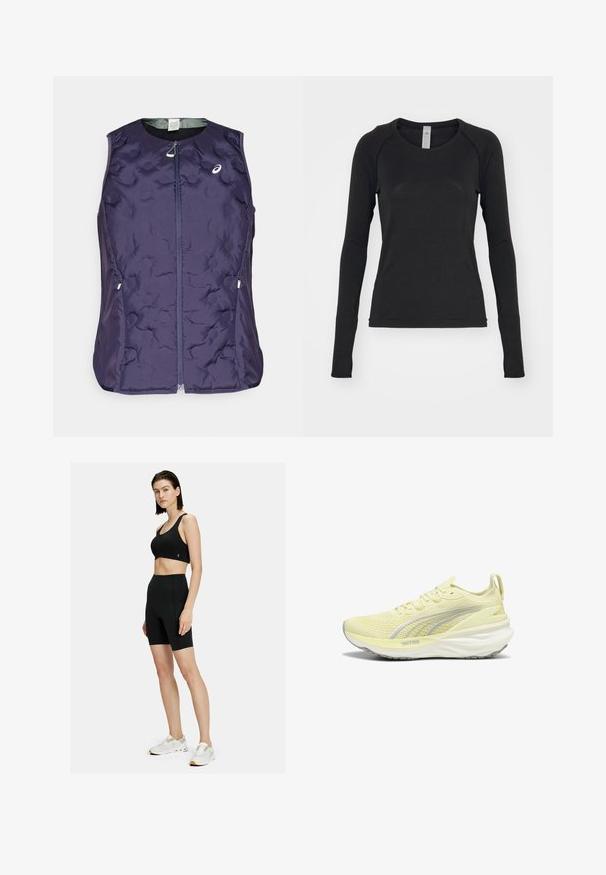 ASICS NAGINO RUN PADDED GILET - Strukirani kaput - indigo fog; Crna košulja dugih rukava, izrađena od mekanog materijala. Ima okrugli izrez i raglan rukave s otvorima za palčeve na manžetama. Minimalistički dizajn.; On MOVEMENT - Tajice - black; Svijetlo žute atletske tenisice s teksturiranim gornjim dijelom, sivi akcenti i podstavljeni potplat. Imaju dizajn s vezicama i trakicu za povlačenje na peti.