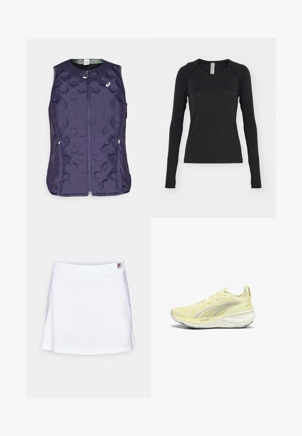 ASICS NAGINO RUN PADDED GILET - Bodywarmer - indigo fog; Zwarte longsleeve shirt, gemaakt van zachte stof. Beschikt over een ronde hals en raglanmouwen met duimgaten bij de manchetten. Minimalistisch ontwerp.; Witte sportieve rok van soepel, rekbaar materiaal met een uitlopende uitstraling en een klein merkembleem op de tailleband.; Lichtgele sportschoen met een gestructureerde bovenkant, grijze accenten en een gevoerde zool. Beschikt over een vetersluiting en een lus aan de hiel.