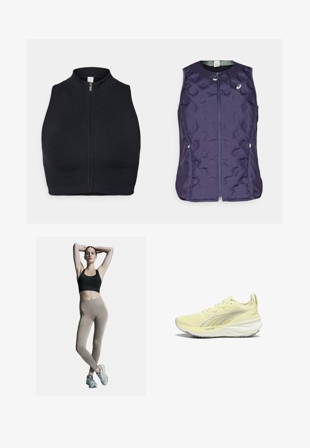 ASICS NAGINO RUN PADDED GILET - Bodywarmer - indigo fog; Zwarte sportcrop top met een hoge kraag en een rits aan de voorkant. Gemaakt van rekbaar materiaal met een gladde textuur en minimale naden.; Zwarte sportbeha en beige hoge taillelegging, met zijnaad en accenten. Model draagt lichtgrijze sportschoenen met een gevoerde zool.; Lichtgele sportschoen met een gestructureerde bovenkant, grijze accenten en een gevoerde zool. Beschikt over een vetersluiting en een lus aan de hiel.