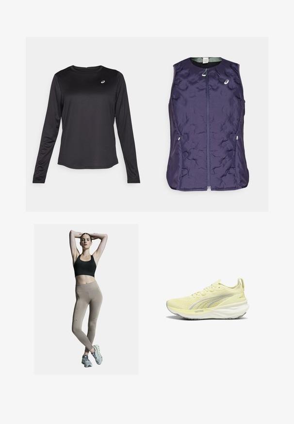 ASICS NAGINO RUN PADDED GILET - Liemenė - indigo fog; Juodas ilgomis rankovėmis sportinis marškinėlis, pagamintas iš lengvos medžiagos. Yra apvalus dekoltė ir mažas logotipas ant krūtinės. Lygus paviršius.; Juodas sportinis liemenukas ir smėlio spalvos aukštu liemeniu leggingai, su šoninėmis siūlėmis ir akcentais. Modelis dėvi šviesiai pilkus sportinius batus su paminkštintu padu.; Šviesiai geltonos sportinės bateliai su tekstūruotu paviršiumi, pilkais akcentais ir paminkštintu padu. Su raišteliais ir kilpa ant kulno.