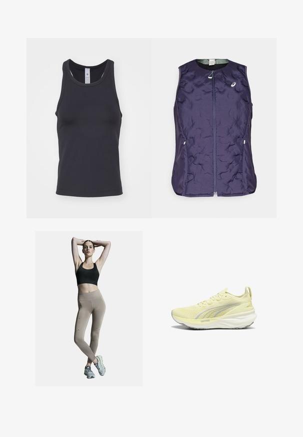 ASICS NAGINO RUN PADDED GILET - Mellény - indigo fog; Fekete ujjatlan felső, puha, rugalmas anyagból készült. Kerek nyakkivágással és széles vállpántokkal rendelkezik, a kényelmes illeszkedés érdekében.; Fekete sportmelltartó és bézs, magas derekú leggings, oldalsó varratokkal és díszítésekkel. A modellen világosszürke sportcipők vannak, amelyek párnázott talppal rendelkeznek.; Világos sárga sportcipő, texturált felsőrésszel, szürke akcentusokkal és párnázott talppal. Fűzős kialakítású, és húzófüllel rendelkezik a saroknál.