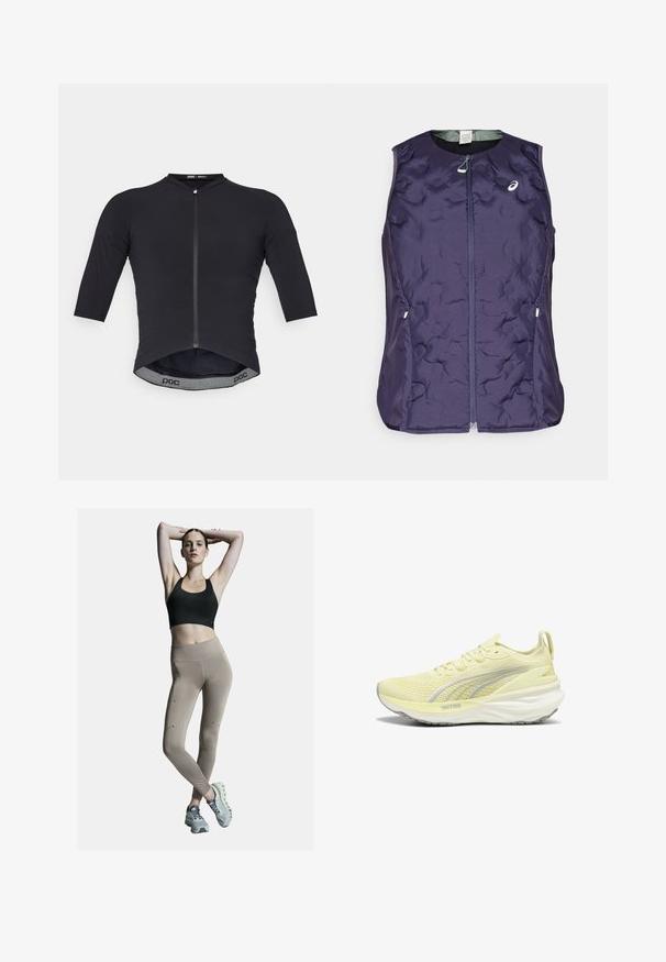 ASICS NAGINO RUN PADDED GILET - Veste sans manches - indigo fog; Maillot de cyclisme noir avec des manches 3/4, fermeture éclair à l'avant, texture côtelée et ourlet courbé. Comprend le logo POC sur la ceinture intérieure.; Chemise à manches longues noire, fabriquée en tissu doux. Présente un col rond et des manches raglan avec des ouvertures pour les pouces au niveau des poignets. Design minimaliste.; Soutien-gorge de sport noir et leggings taille haute beige, dotés de coutures latérales et d'accents. Le modèle porte des chaussures de sport gris clair avec une semelle rembourrée.; Baskets de sport jaune clair avec une tige texturée, des accents gris et une semelle rembourrée. Dispose d'un laçage et d'une languette au talon.