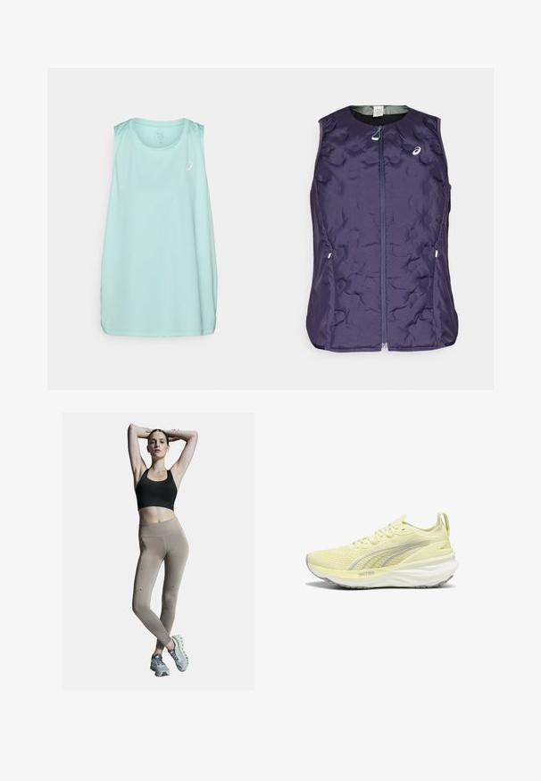 ASICS NAGINO RUN PADDED GILET - Liemenė - indigo fog; Šviesiai mėlynas be rankovių sportinis marškinėlis su apvaliu iškirpimu ir mažai balta logotipu priekyje. Pagamintas iš lygaus, drėgmę sugeriančio audinio.; Juodas sportinis liemenukas ir smėlio spalvos aukštu liemeniu leggingai, su šoninėmis siūlėmis ir akcentais. Modelis dėvi šviesiai pilkus sportinius batus su paminkštintu padu.; Šviesiai geltonos sportinės bateliai su tekstūruotu paviršiumi, pilkais akcentais ir paminkštintu padu. Su raišteliais ir kilpa ant kulno.