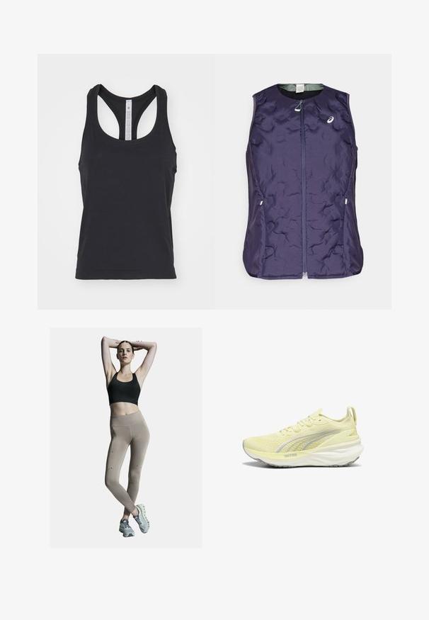 ASICS NAGINO RUN PADDED GILET - Väst - indigo fog; lululemon SWIFTLY TECH RACERBACK TANK - Linne - black black; Svart sport-bh och beige högmidjade leggings med sidoseams och detaljer. Modellen bär ljusgrå träningsskor med dämpad sula.; Ljusgul sportskor med en strukturerad ovandel, grå accenter och en dämpad sula. Funktioner inkluderar snörningsdesign och en dragflik vid hälen.