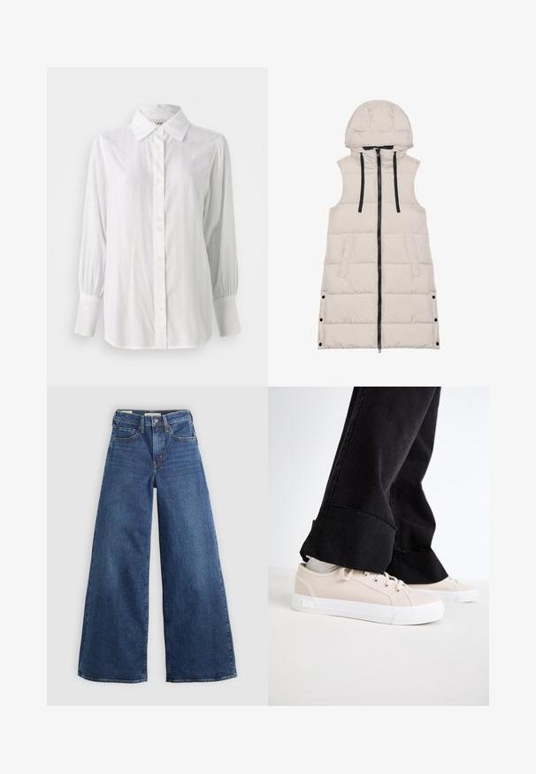 Ermeløs beige puffer vest med hette, glidelås foran og svarte snorer. Har sidelommer og en kviltet tekstur.; Hvit skjorte med vertikale striper, lange puffede ermer og klassisk krage. Har en rekke på fem knapper foran.; Videben blå denim bukser med fem lommer, en knaplukning og kontrastsyninger, som har en blød og tekstureret overflade.; Lys beige lerret sneakers med hvite gummisåler, snøring og diskrete sideakenter, kombinert med svarte, slitte vide jeans.