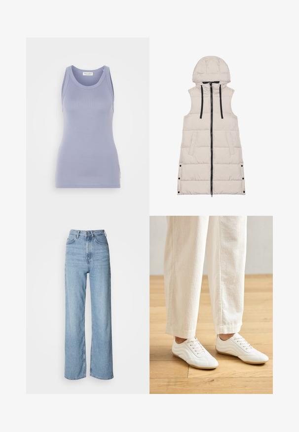 Ne brezrokavnik bež barve z kapuco, z zadrgo spredaj in črnimi vrvicami. Ima stranske žepe in quiltano teksturo.; Svetlo sivorozov top z naramnicami, ki je prilegajoč in je izdelan iz gladkega pletenega materiala. Ima okrogel izrez in široke naramnice, minimalno označevanje.; Svijetloplave traperice viskog struka s ravnim nogavicama, izrađene od denima, s prednjim kopčanjem na gumb i suptilnim detaljima izblijeđivanja.; Bela športna obutev iz gladkega usnja, z vezalnim sistemom in oblikovanim dizajnom. Oblečena z svetlo bež barvnimi kordnimi hlačami.