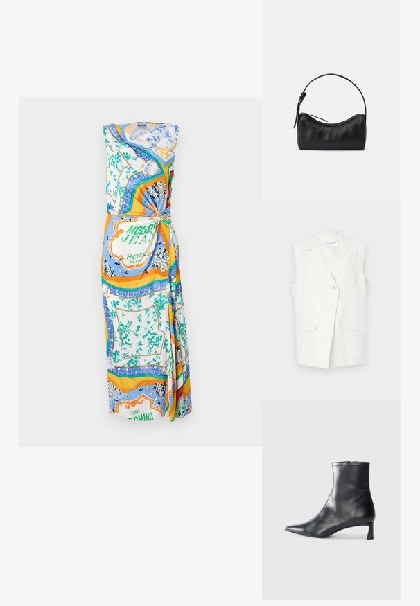 Ärmelloses weißes Blazer aus einer Leinenmischung, mit einem einzelnen vorderen Knopf, Reverskragen und zwei vorderen Taschen. Glatte Textur.; Ärmelloses Wickelkleid aus leichtem Stoff mit einem mehrfarbigen Blumen- und geometrischen Muster, einer geknoteten Taillendetail und fließendem Design.; Schwarze Lederstiefelette mit spitzer Zehe und schlankem Design. Verfügt über einen niedrigen Absatz und einen Reißverschluss hinten. Glatte Textur.; Schwarze Leder-Umhängetasche mit geschwungenem Design, Reißverschluss und schmalem Trageriemen. Hat eine glatte Textur und dezente Nahtdetails.