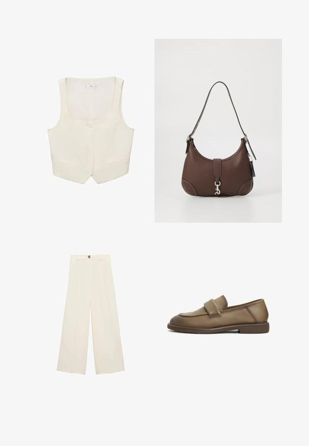Mouwloze beige vest met een ronde hals, enkele knoopsluiting en twee voorzakken; gladde stof met minimale details.; Witte blouse met een een-schouderontwerp, met een bloemaccent aan de ene kant en een lange, gestrikte strook om de taille. Soepele textuur.; Crème kleurige wijde broek met hoge taille, een knoopsluiting en een gladde textuur zonder zichtbare patronen of accenten.; Bruine leren instappers met een zachte textuur, voorzien van een brede band over de wreef en een lage, platte rubberen zool. Eenvoudig en ingetogen ontwerp.; Bruine leren handtas met een ronde vorm, zilveren hardware en decoratieve stiksels. Beschikt over een schouderband en een klittenbandsluiting.